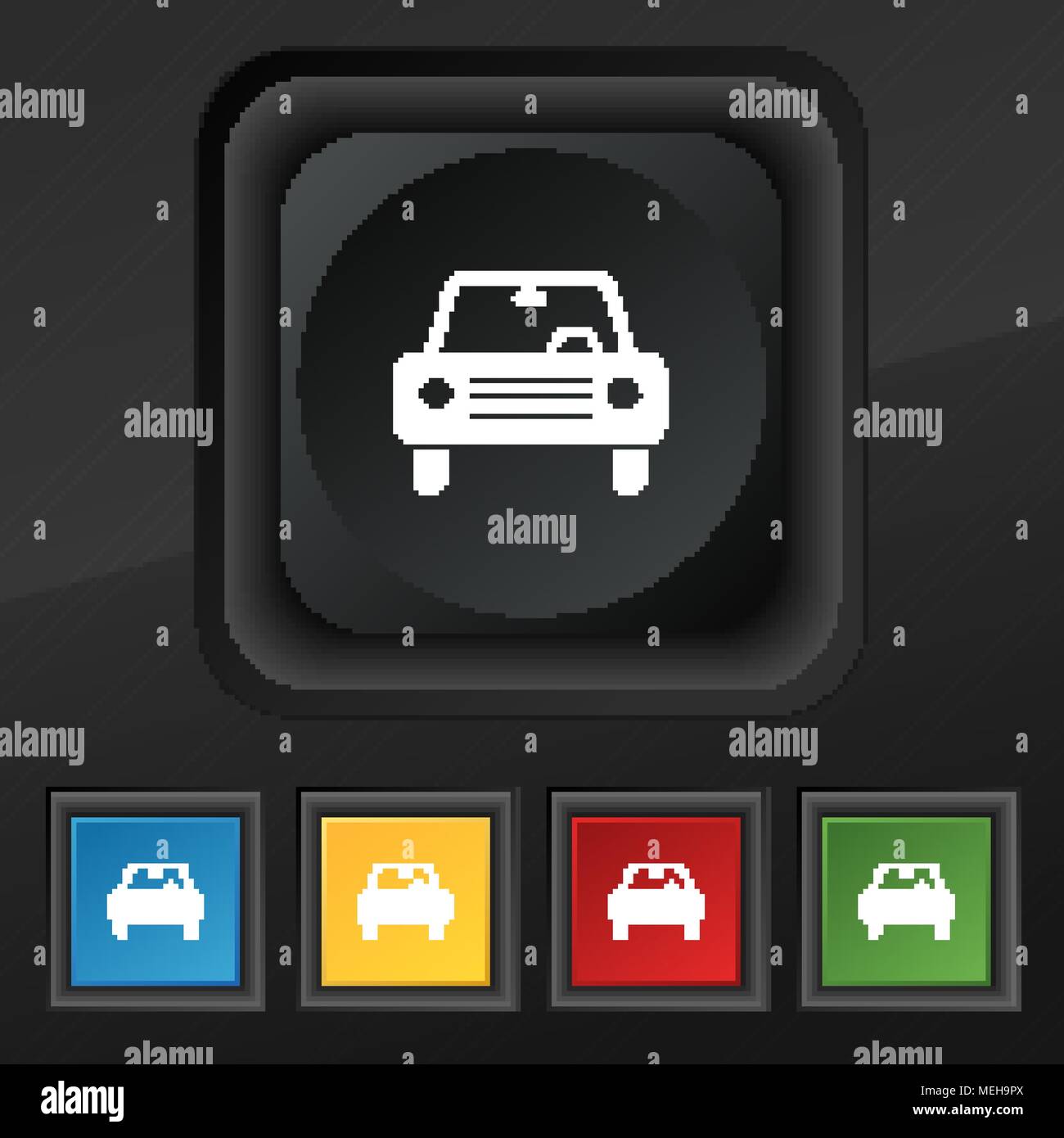 car icon symbol. Set of five colorful, stylish buttons on black texture ...