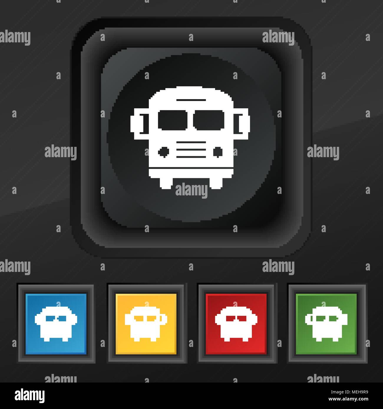 Bus icon symbol. Set of five colorful, stylish buttons on black texture ...