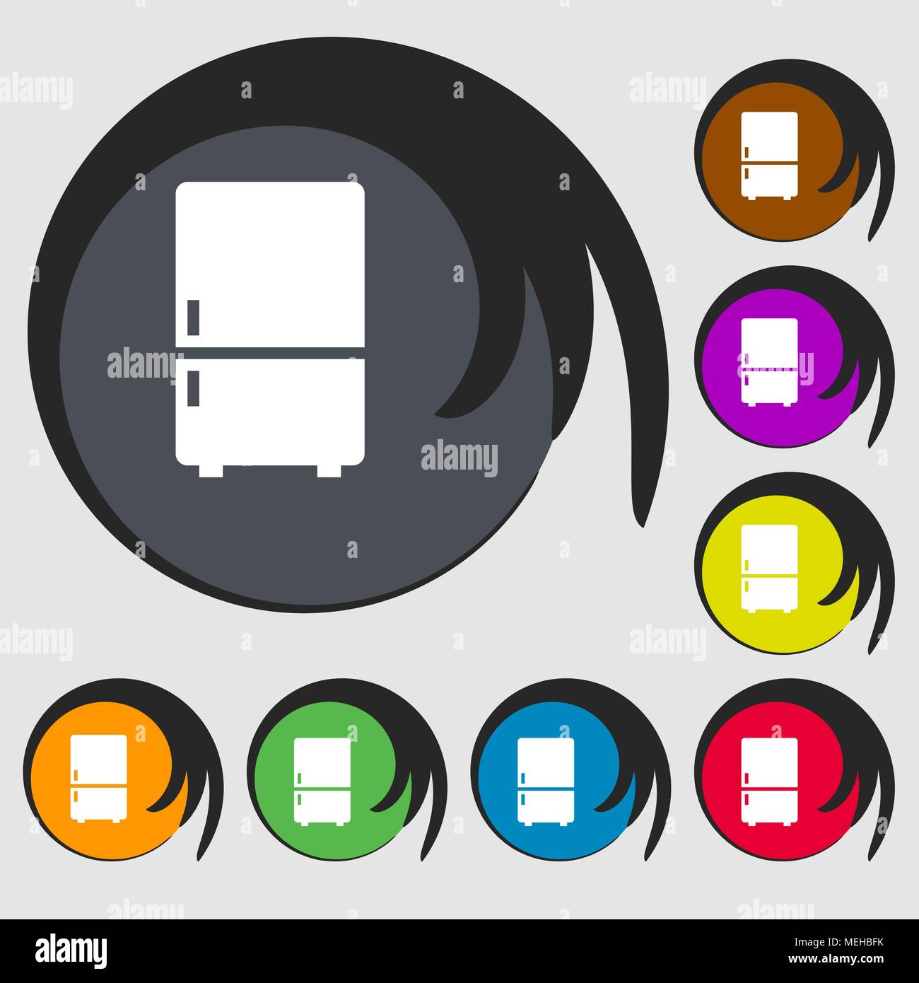 Refrigerator icon. Symbols on eight colored buttons. Vector