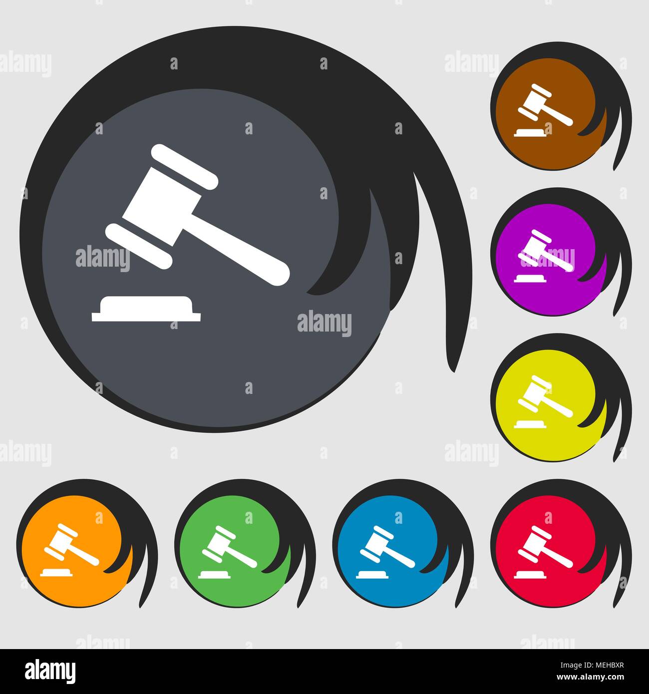 judge or auction hammer icon. Symbols on eight colored buttons. Vector ...