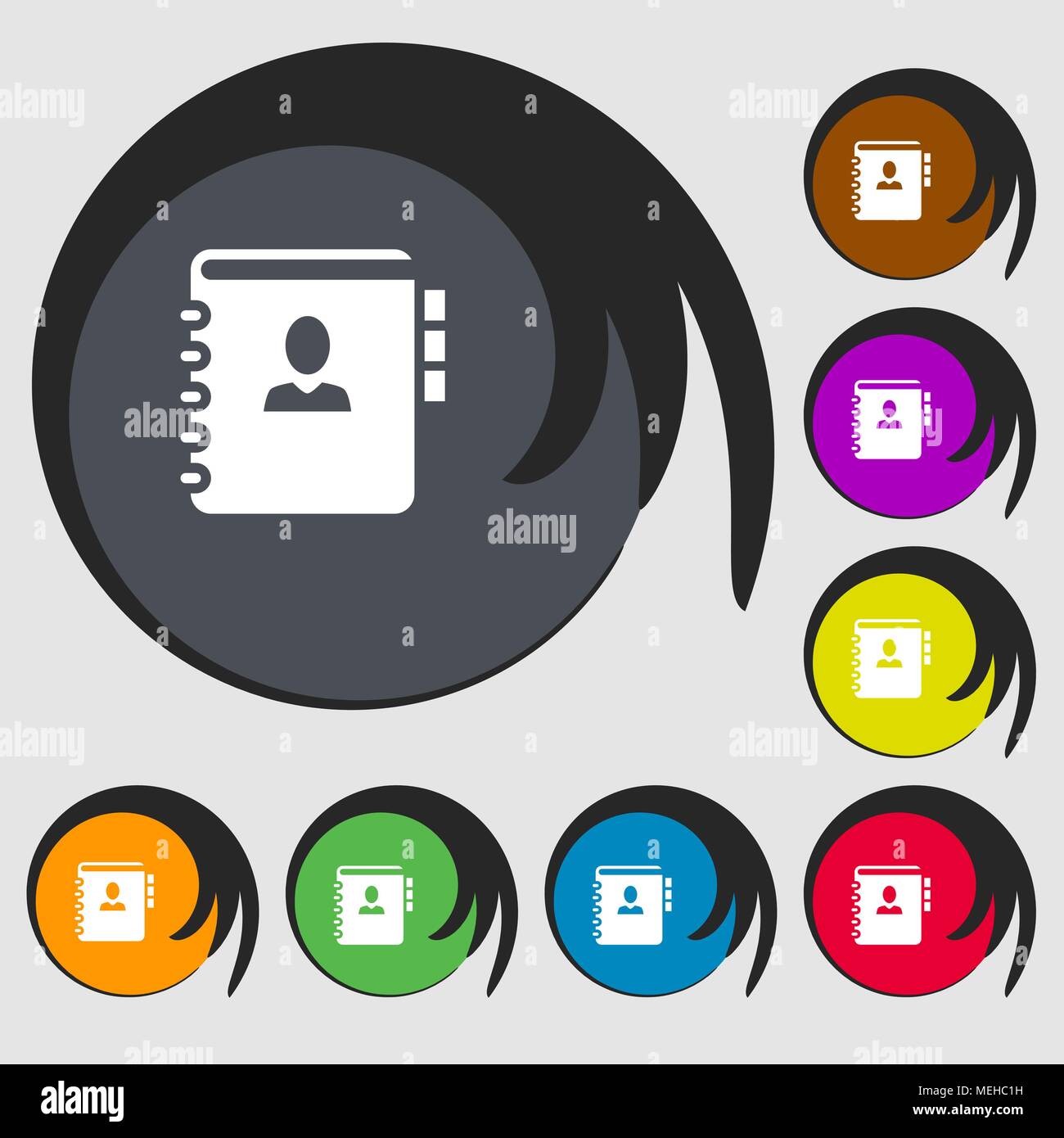 Notebook, address, phone book icon. Symbols on eight colored buttons ...