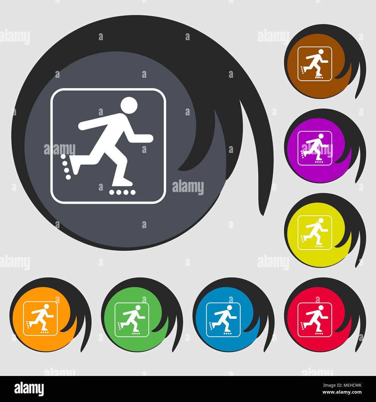 roller skating sign icon. Symbols on eight colored buttons. Vector