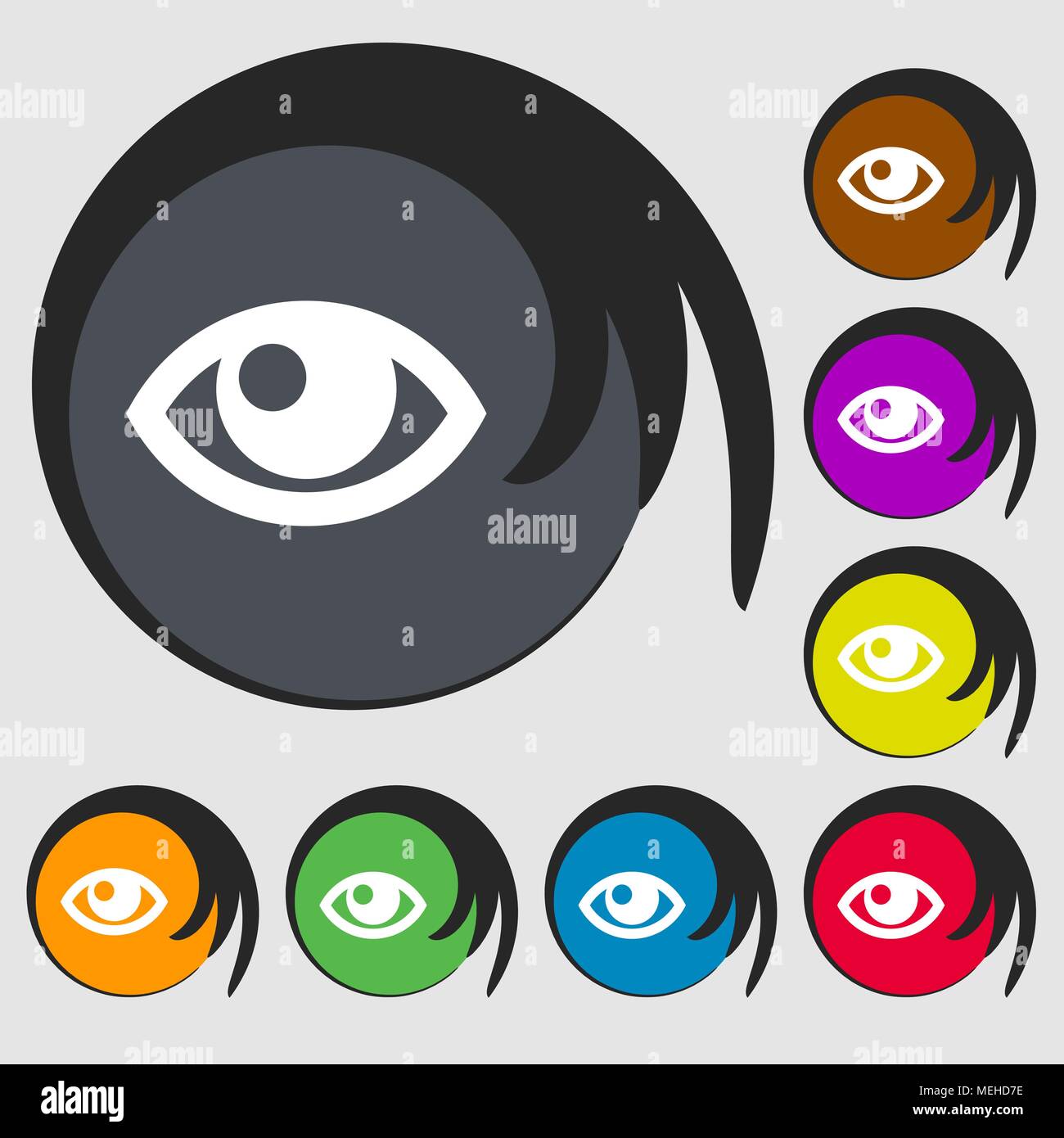 Eye sign icon. Symbols on eight colored buttons. Vector illustration ...