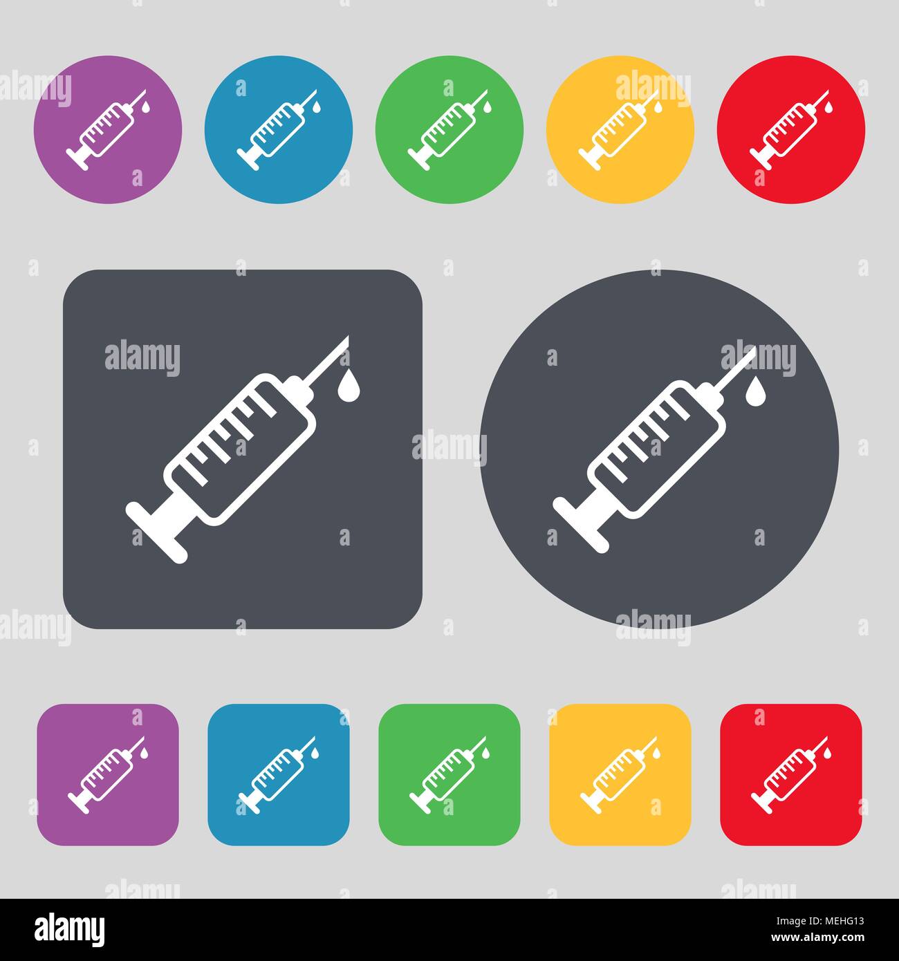 syringe icon sign. A set of 12 colored buttons. Flat design. Vector ...