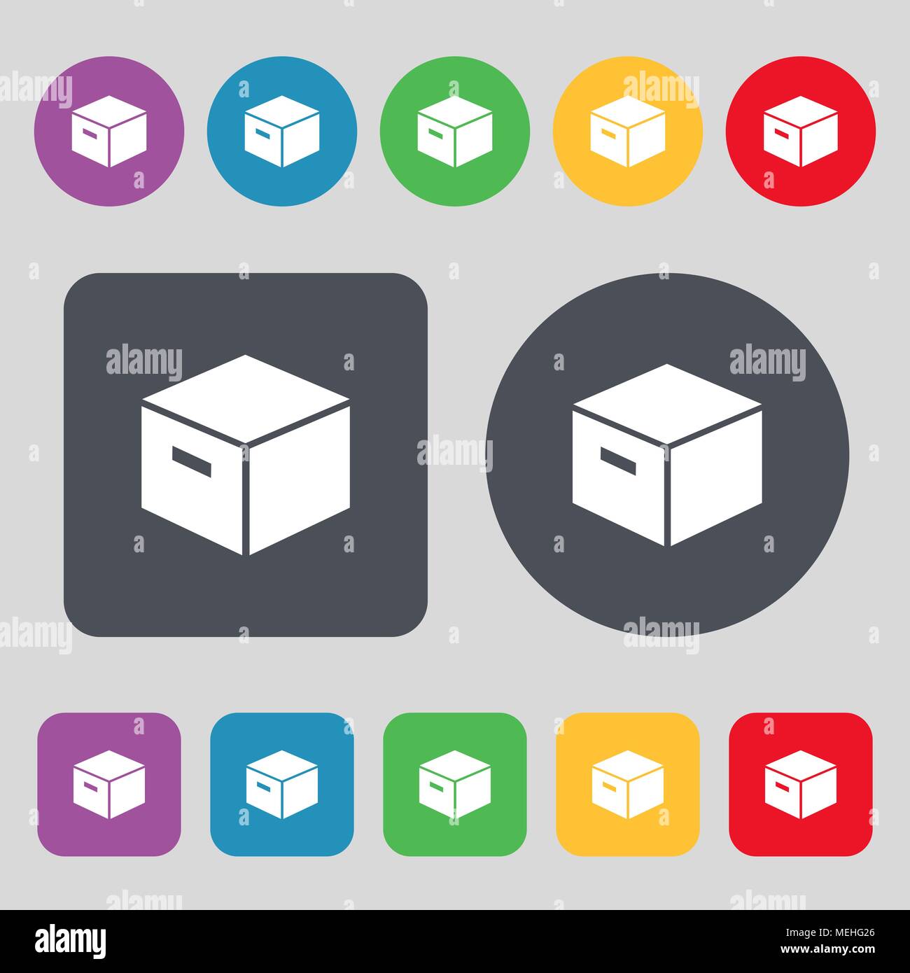 packaging cardboard box icon sign. A set of 12 colored buttons. Flat ...