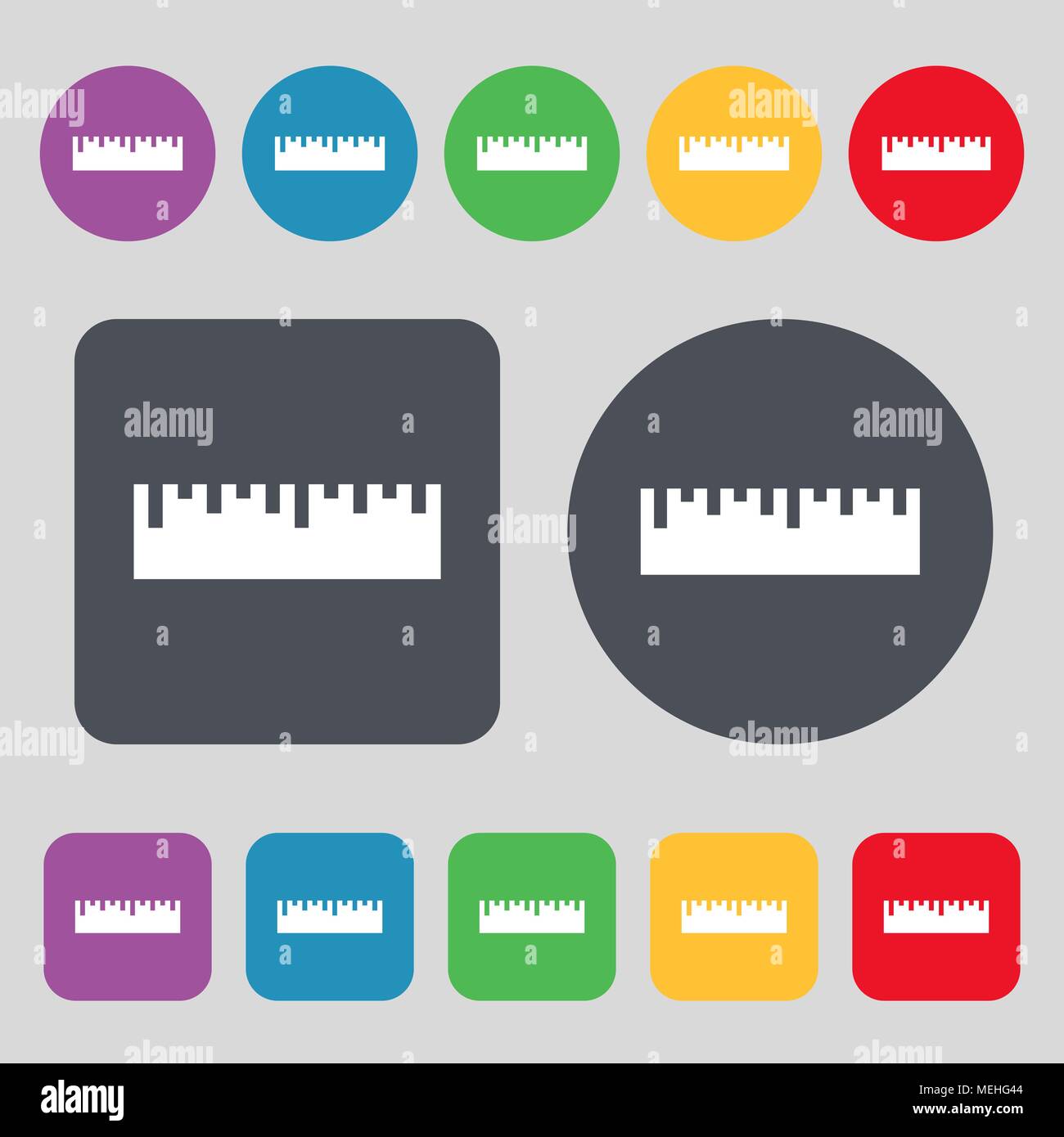 ruler icon sign. A set of 12 colored buttons. Flat design. Vector illustration Stock Vector
