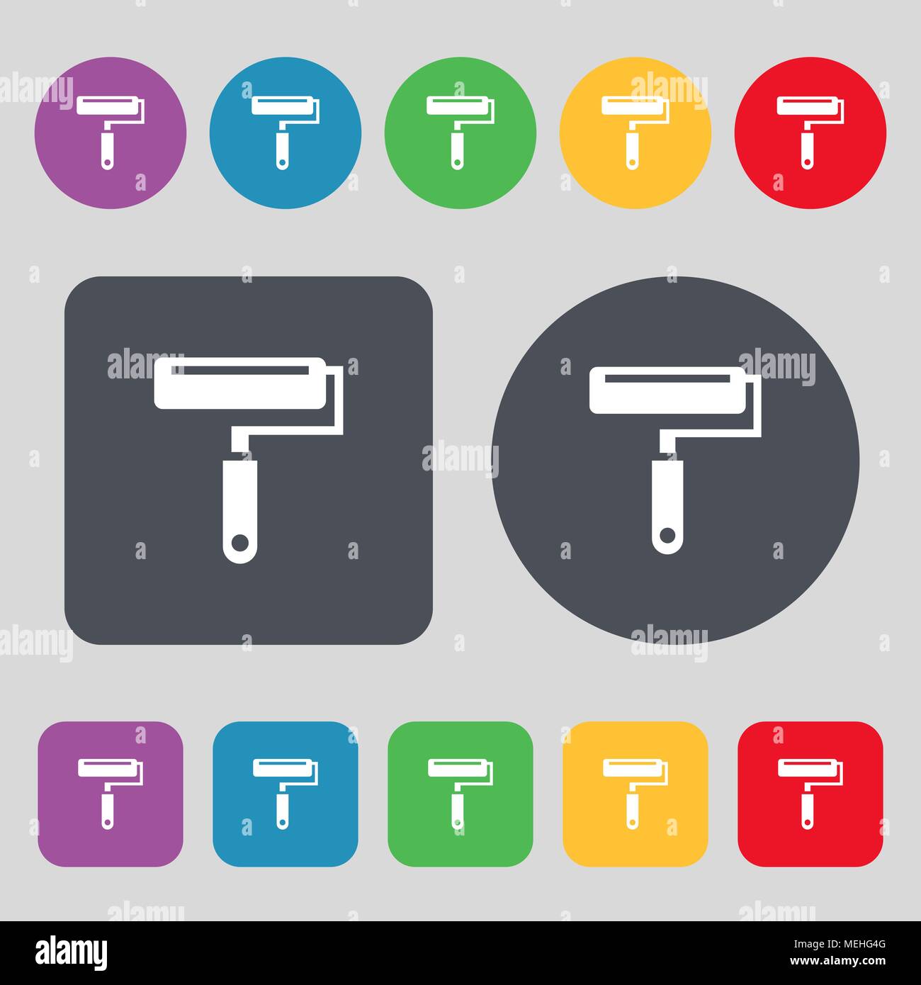 Paint roller icon sign. A set of 12 colored buttons. Flat design ...