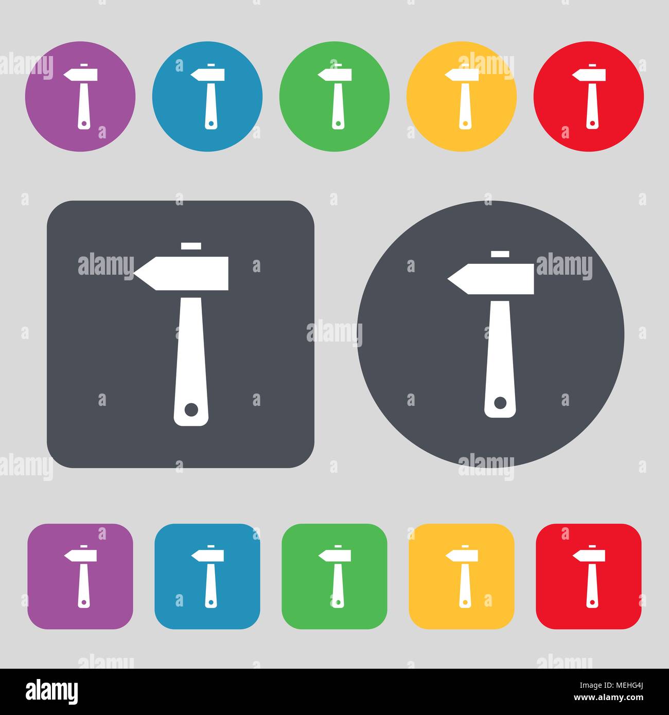 hammer icon sign. A set of 12 colored buttons. Flat design. Vector ...