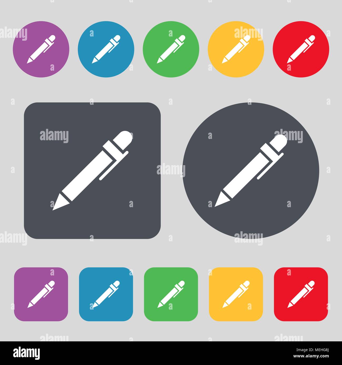 pen icon sign. A set of 12 colored buttons. Flat design. Vector ...