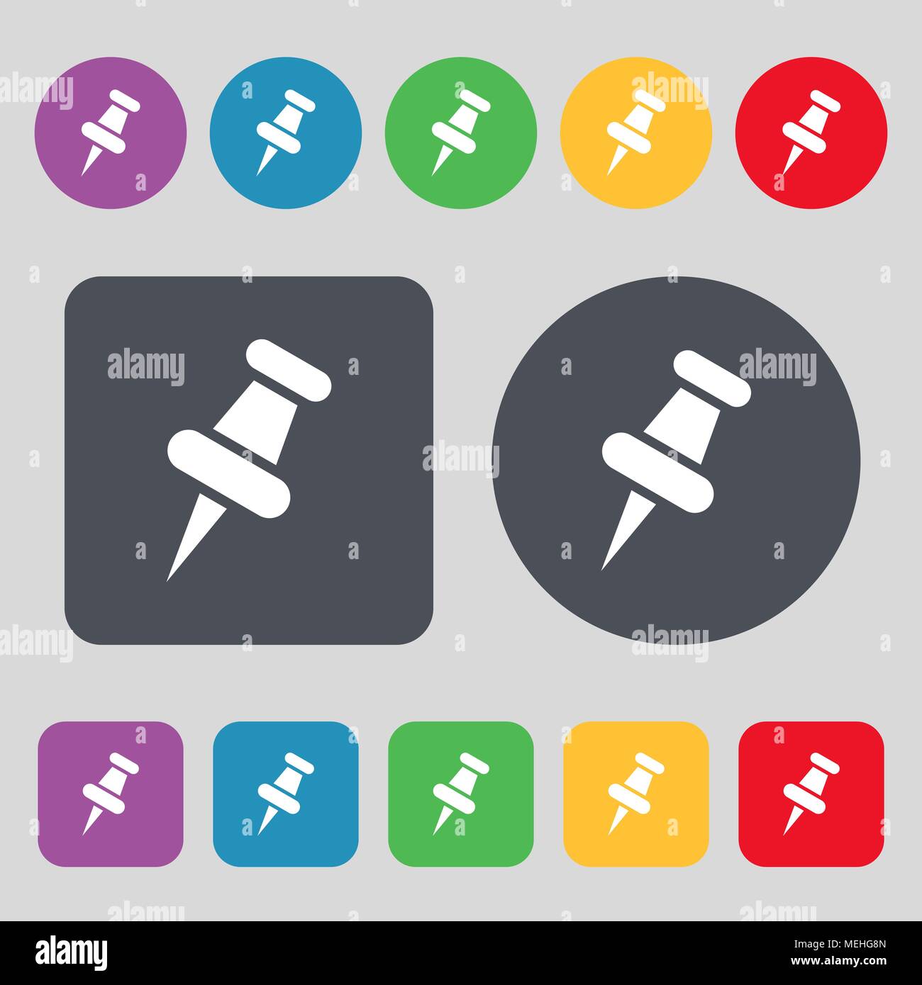 push pin icon sign. A set of 12 colored buttons. Flat design. Vector ...