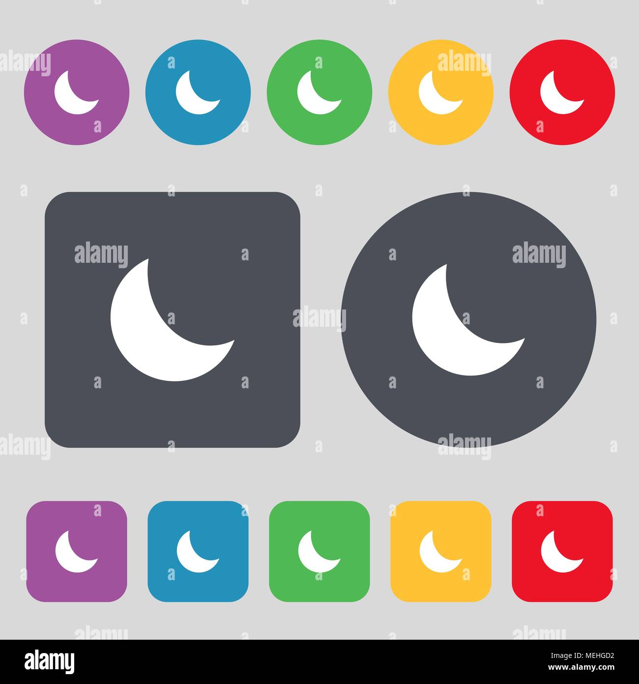 moon icon sign. A set of 12 colored buttons. Flat design. Vector ...