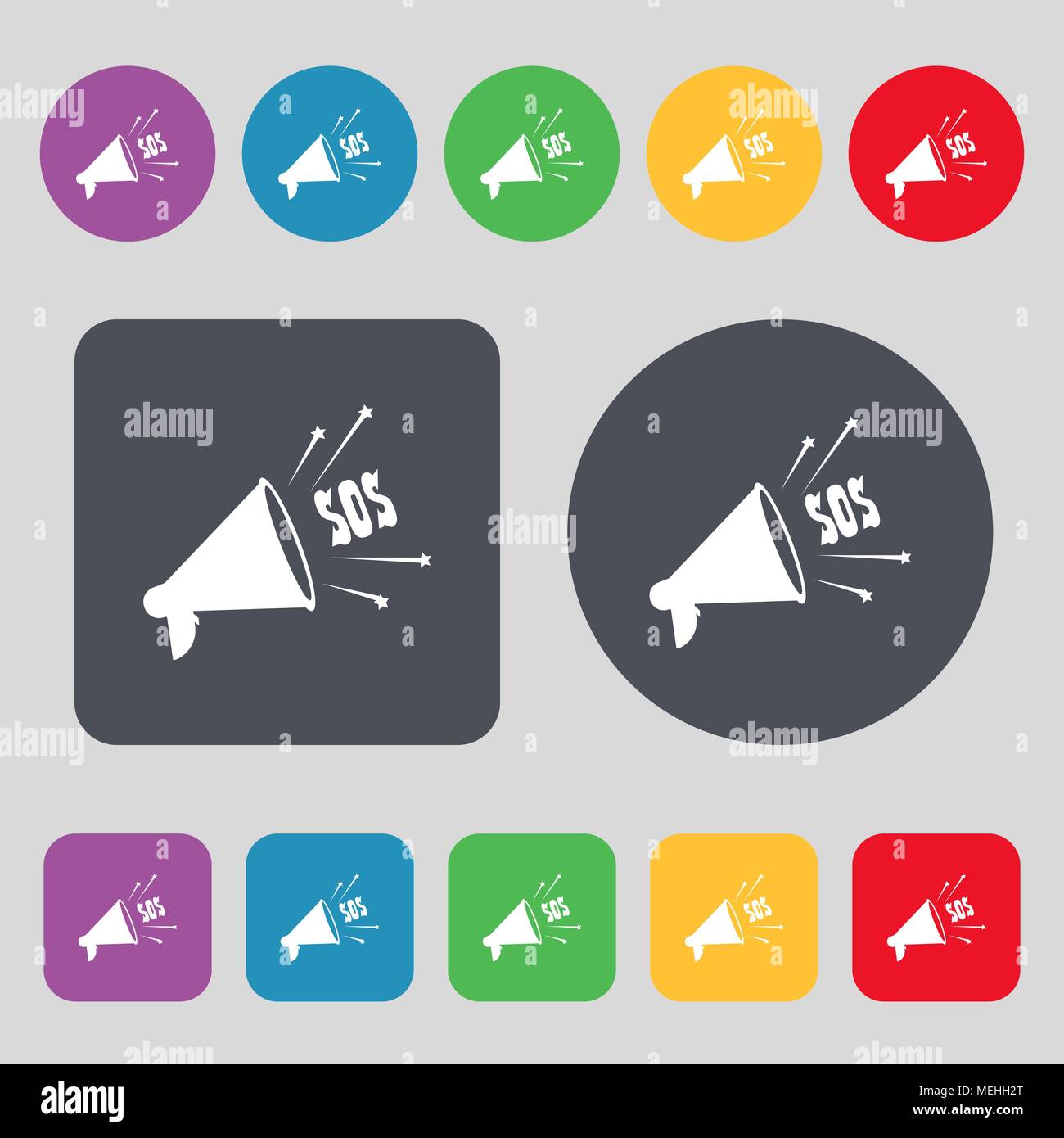 sos web speaker icon sign. A set of 12 colored buttons. Flat design ...