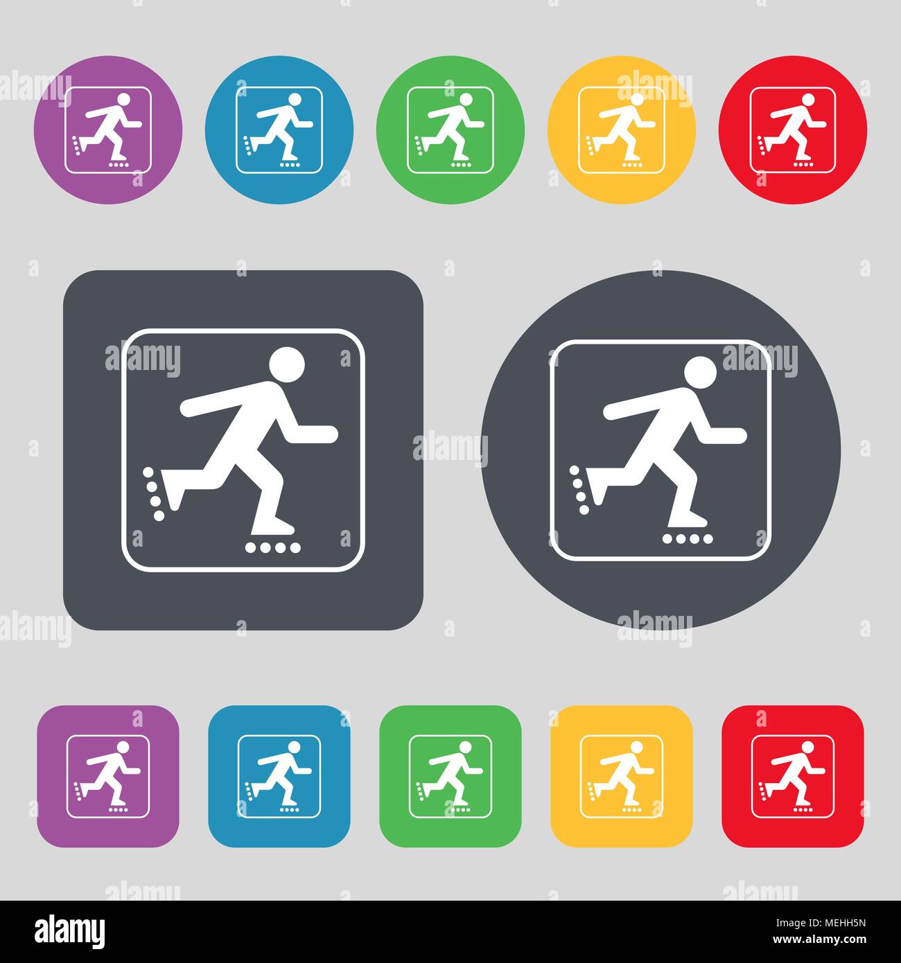 roller skating icon sign. A set of 12 colored buttons. Flat design ...