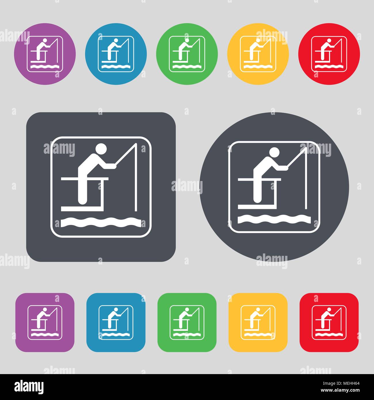 fishing icon sign. A set of 12 colored buttons. Flat design. Vector ...