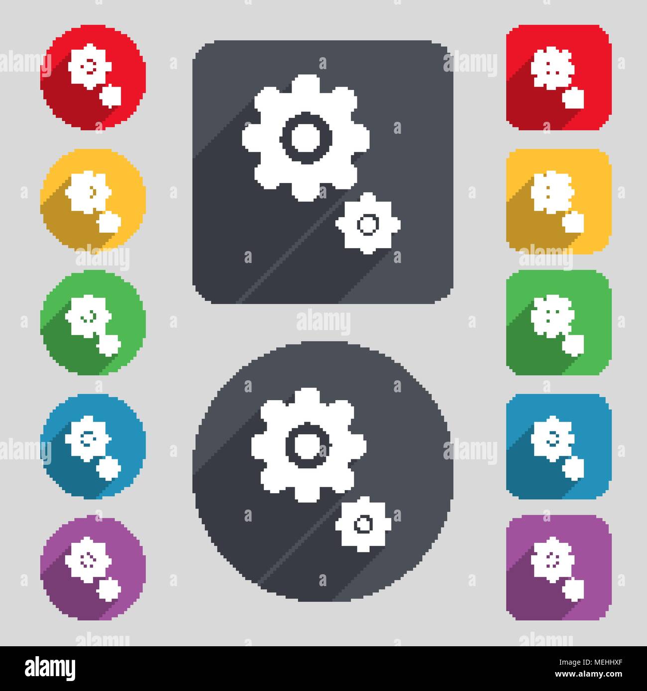 gears icon sign. A set of 12 colored buttons and a long shadow. Flat ...