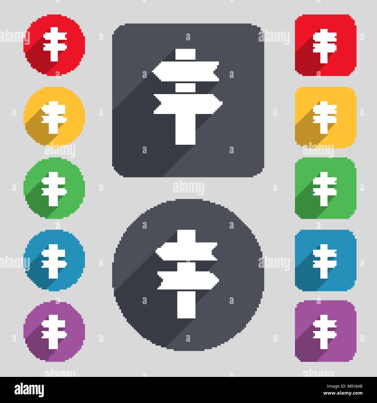 line directs icon sign. A set of 12 colored buttons and a long shadow ...