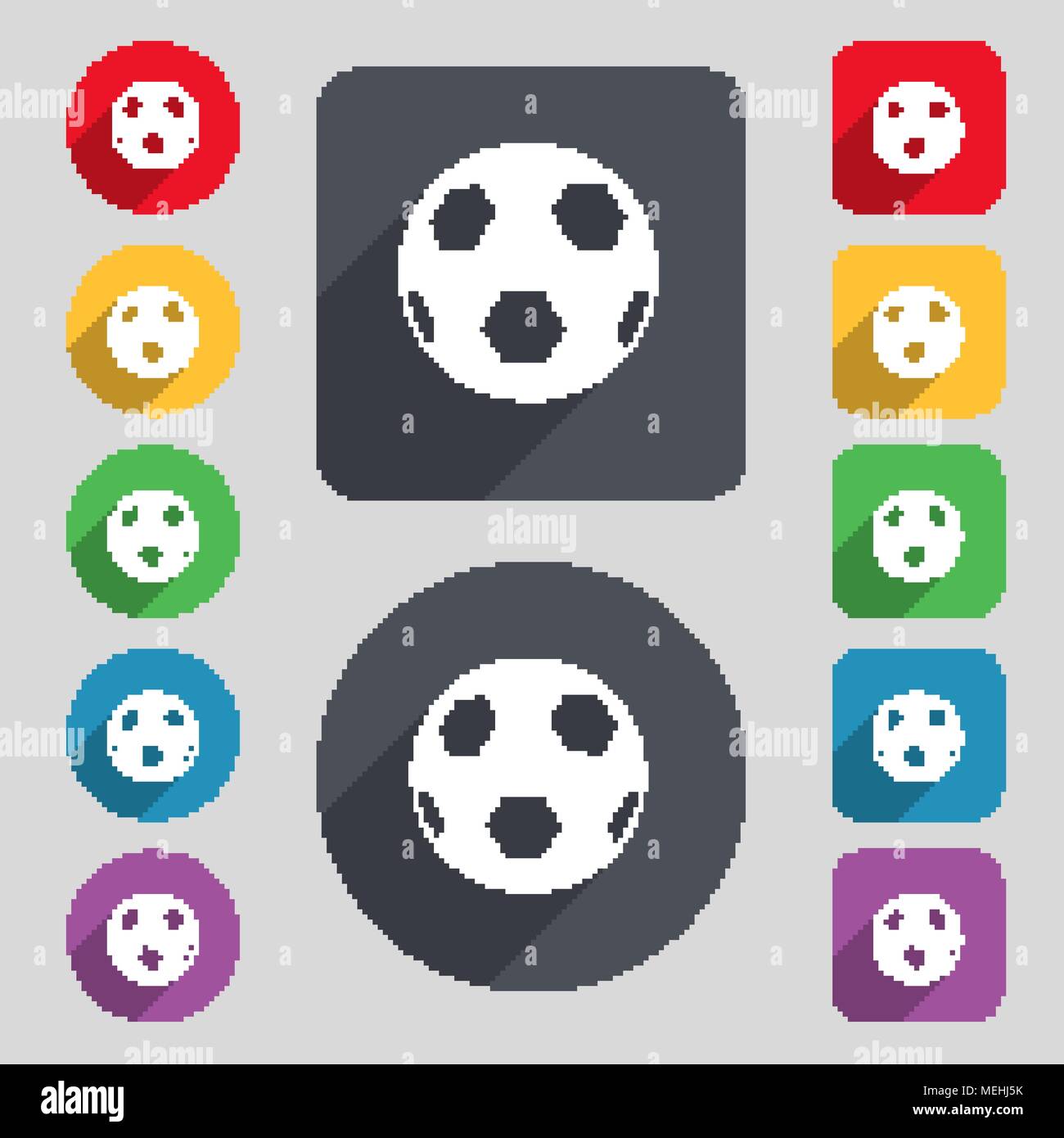 Football icon sign. A set of 12 colored buttons and a long shadow. Flat ...
