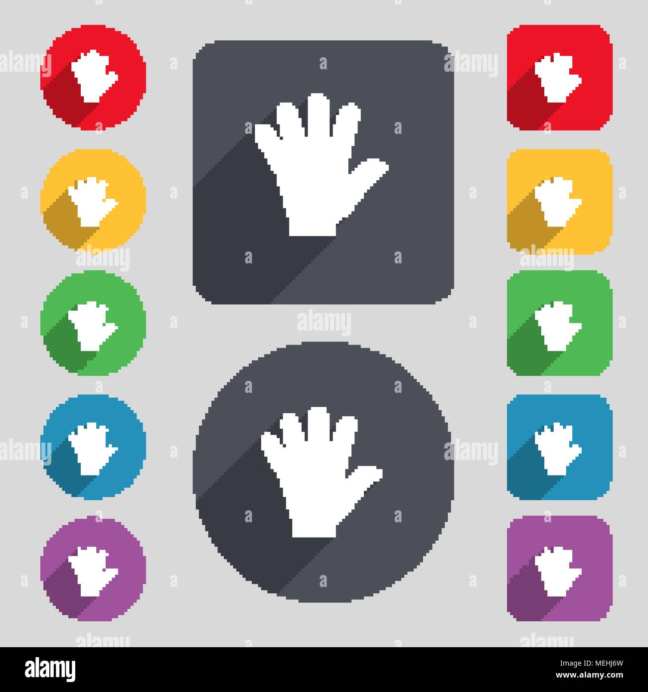 hand icon sign. A set of 12 colored buttons and a long shadow. Flat ...