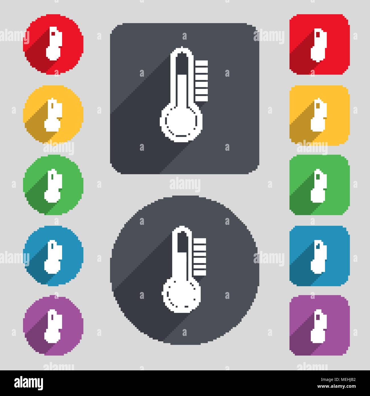 Thermometer icon sign. A set of 12 colored buttons and a long shadow ...
