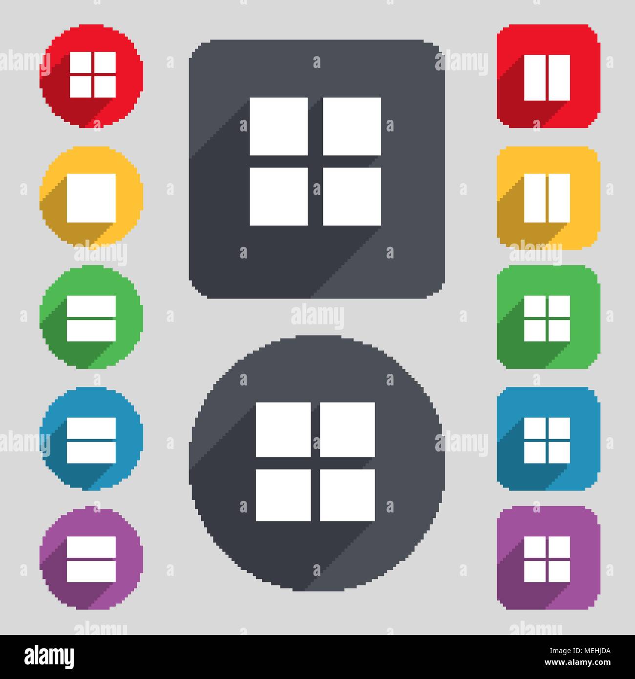 List menu, app icon sign. A set of 12 colored buttons and a long shadow ...