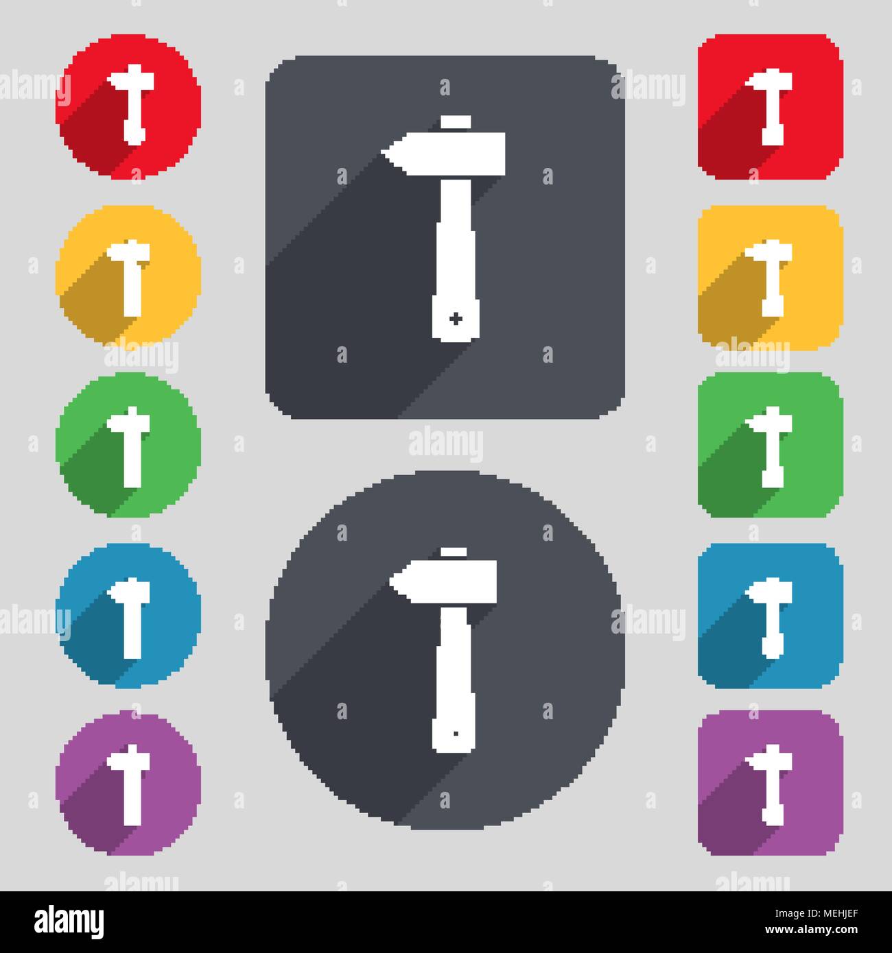 hammer icon sign. A set of 12 colored buttons and a long shadow. Flat ...