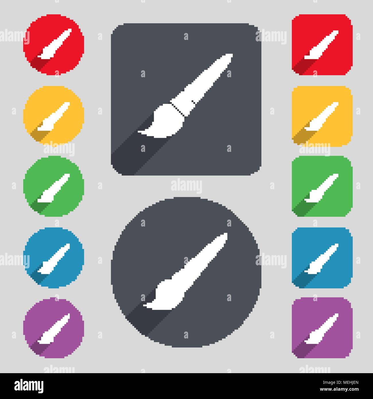 brush icon sign. A set of 12 colored buttons and a long shadow. Flat ...