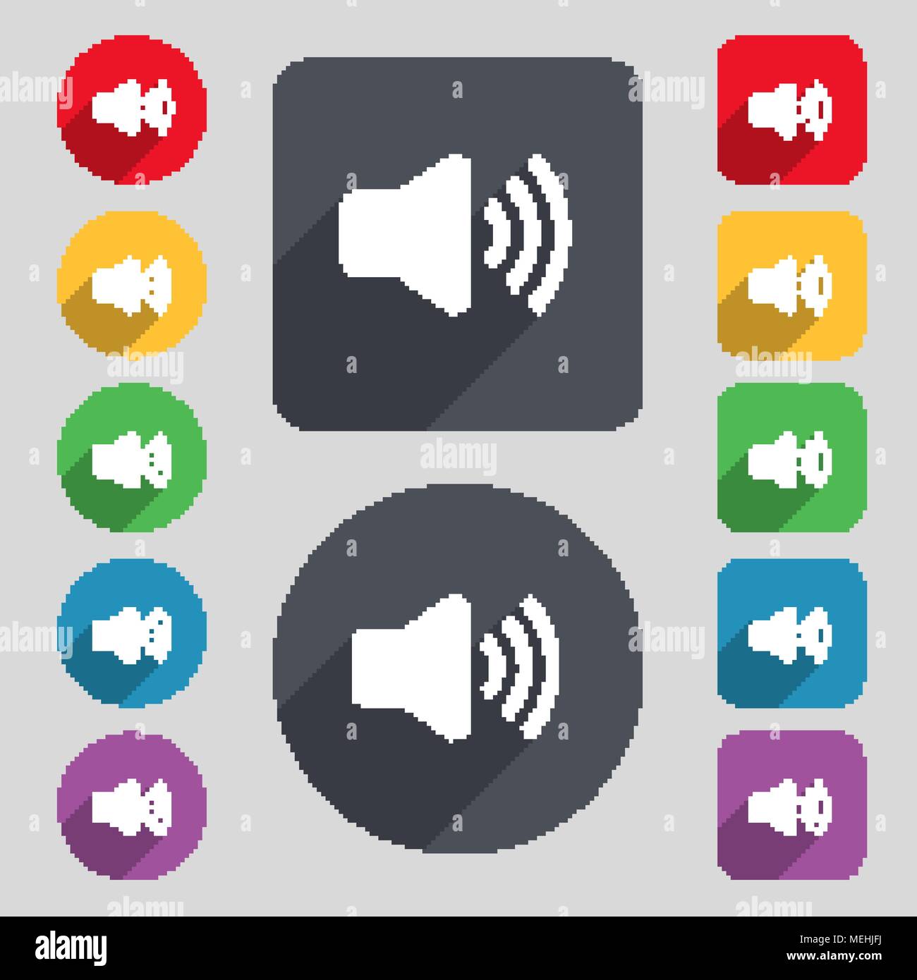 Speaker volume icon sign. A set of 12 colored buttons and a long shadow ...