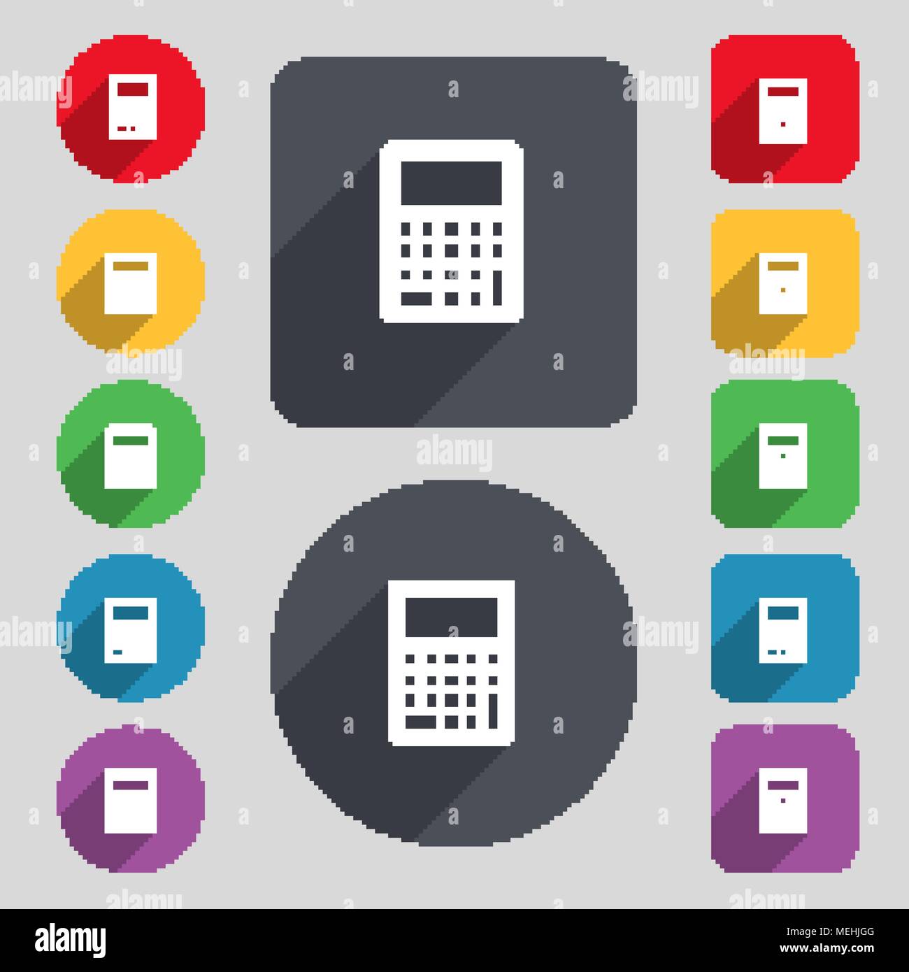 Calculator icon sign. A set of 12 colored buttons and a long shadow ...