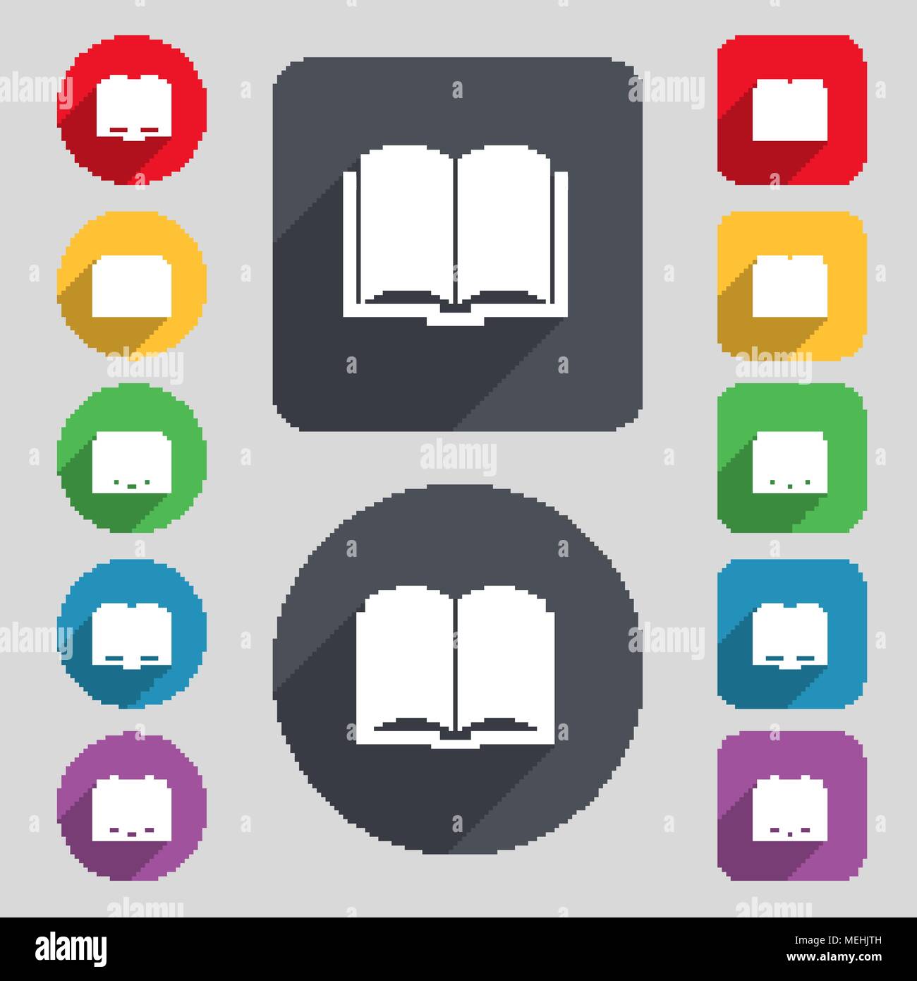 Book icon sign. A set of 12 colored buttons and a long shadow. Flat ...