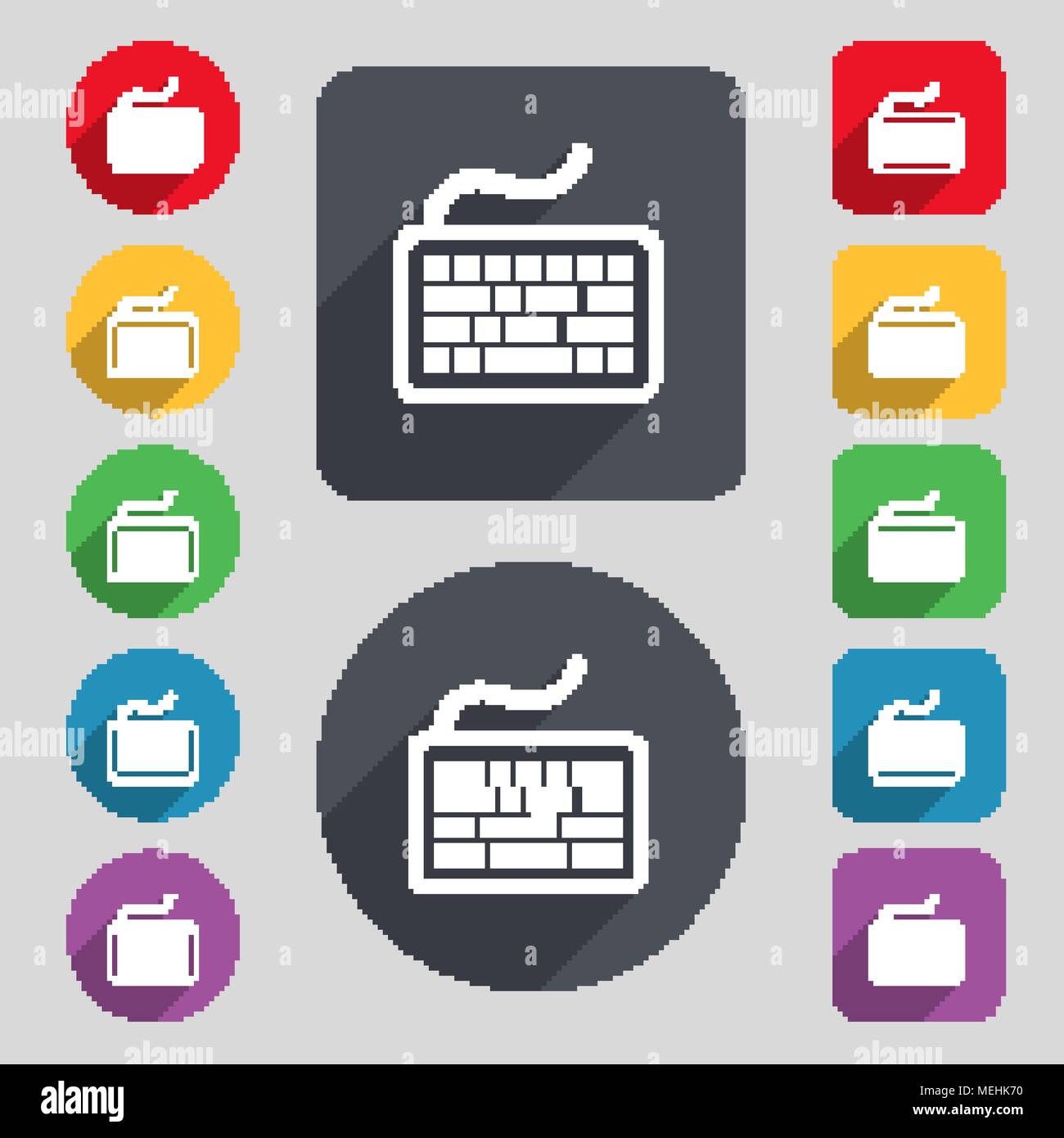 Keyboard icon sign. A set of 12 colored buttons and a long shadow. Flat ...