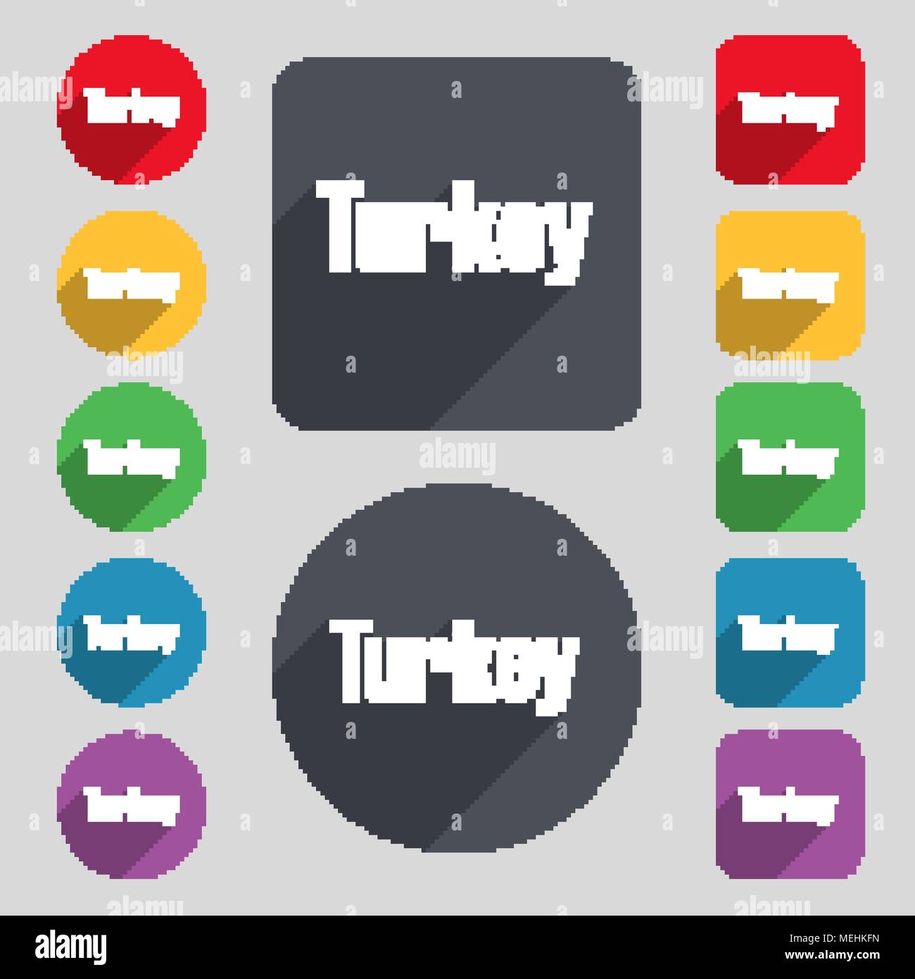 Turkey icon sign. A set of 12 colored buttons and a long shadow. Flat ...