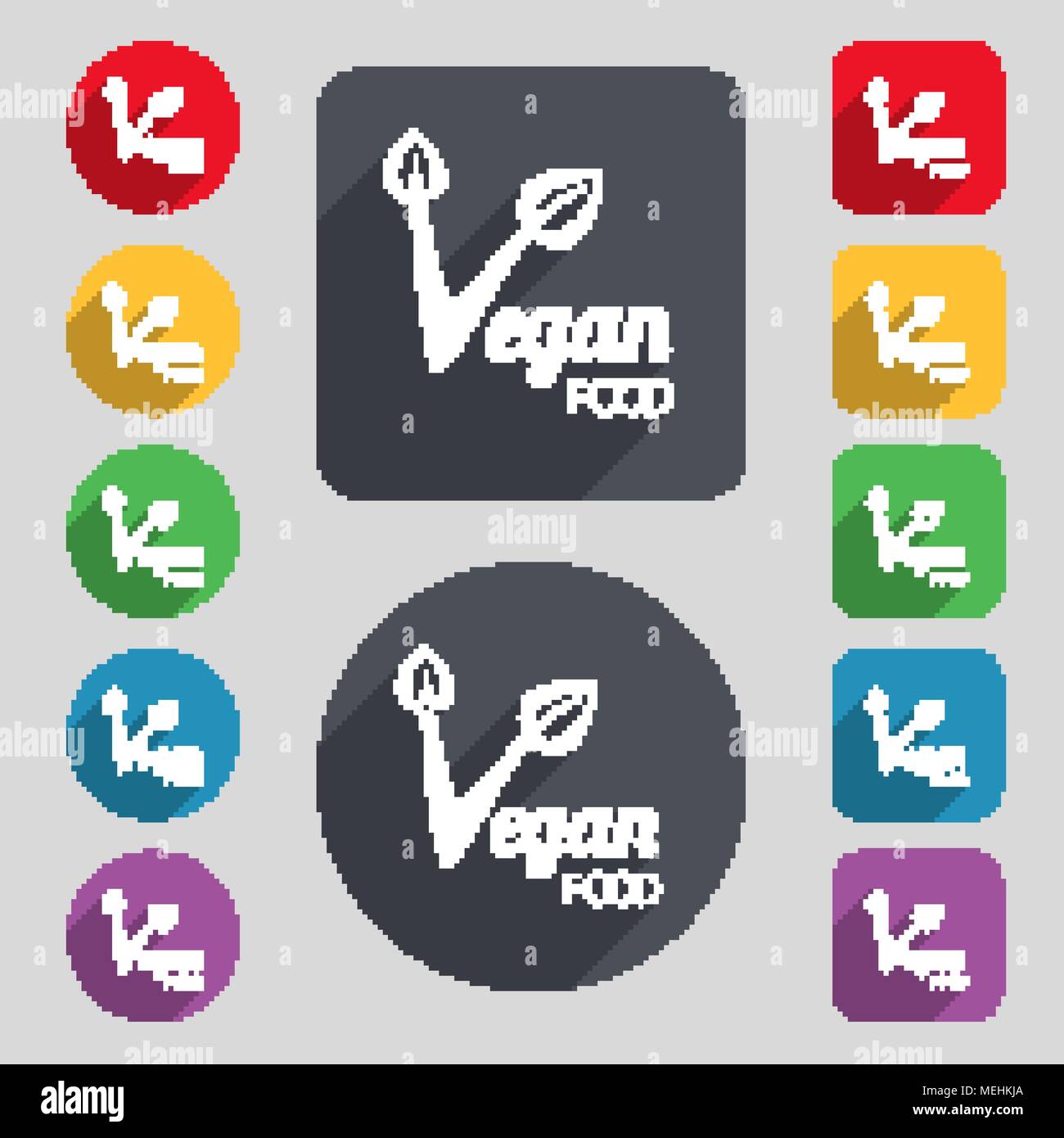 Vegan food graphic design icon sign. A set of 12 colored buttons and a ...