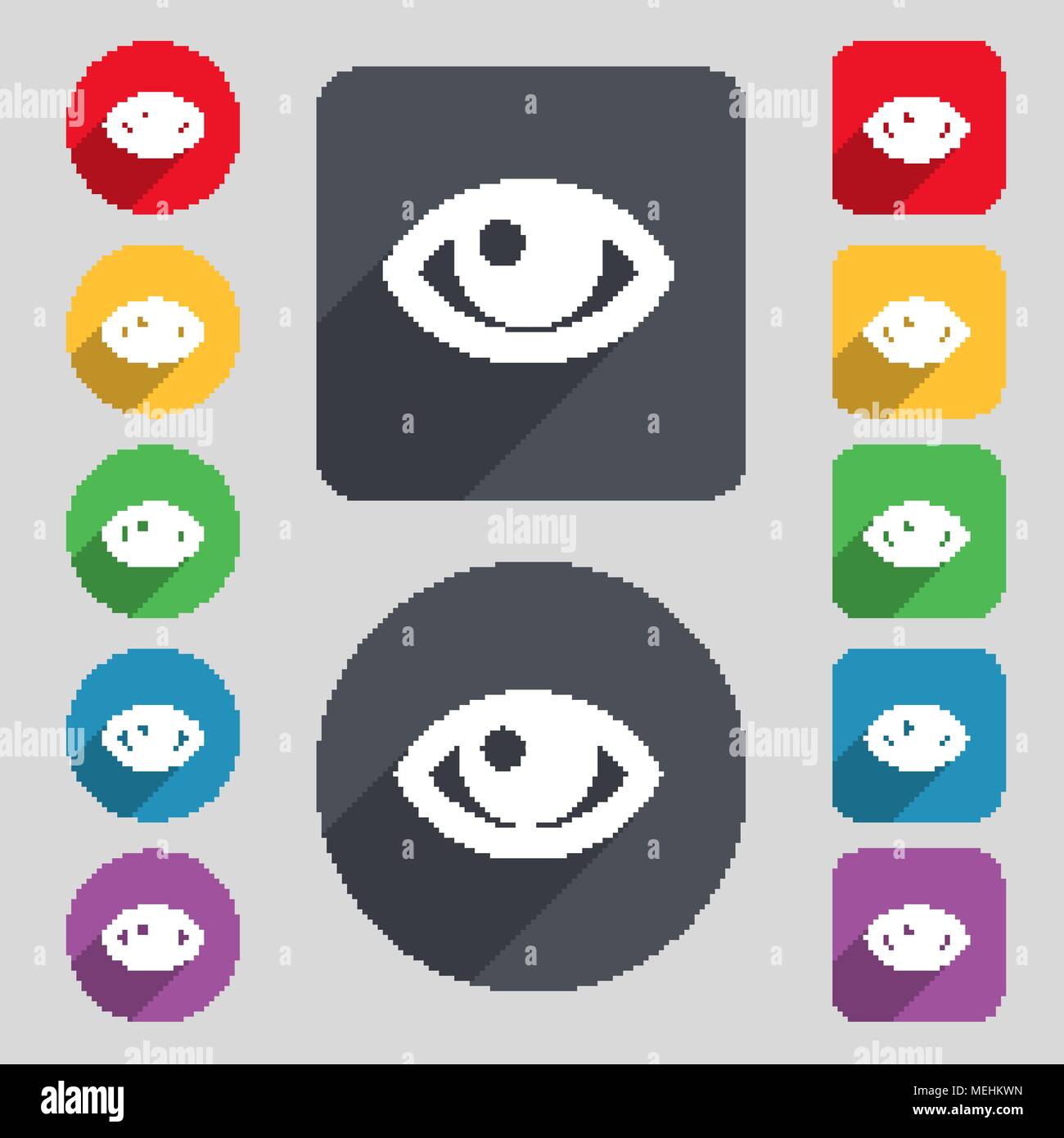 Eye icon sign. A set of 12 colored buttons and a long shadow. Flat ...