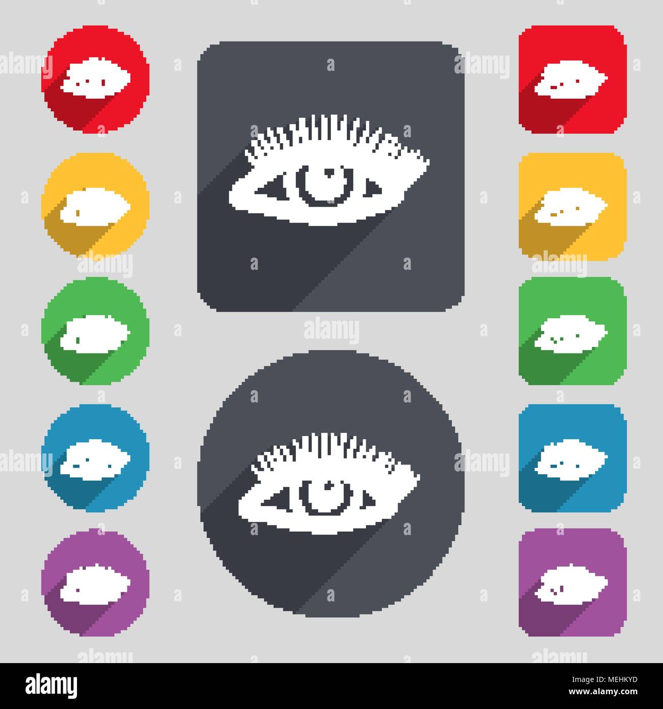 eyelashes icon sign. A set of 12 colored buttons and a long shadow. Flat design. Vector illustration Stock Vector