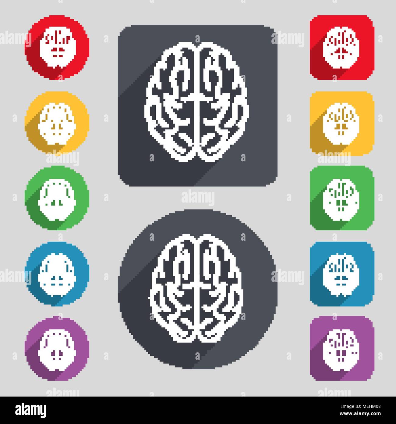 Brain icon sign. A set of 12 colored buttons and a long shadow. Flat design. Vector illustration Stock Vector
