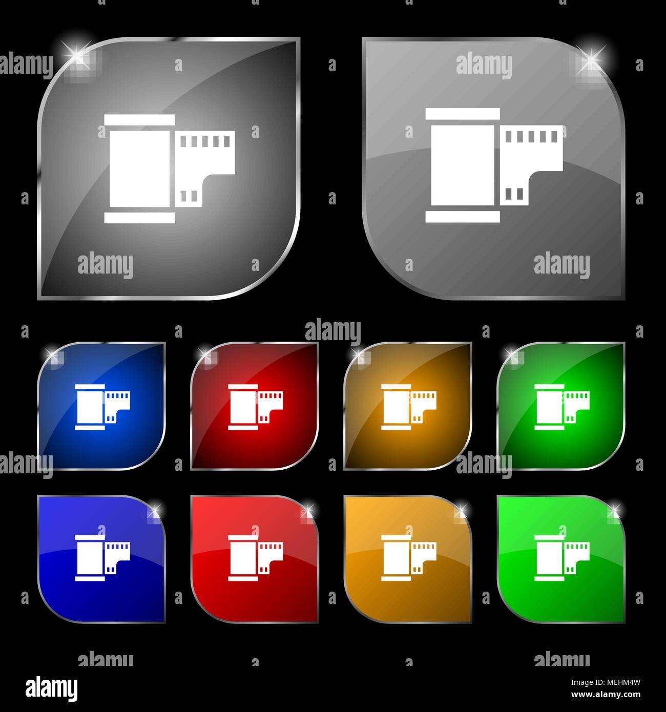 35 mm negative films icon sign. Set of ten colorful buttons with glare ...