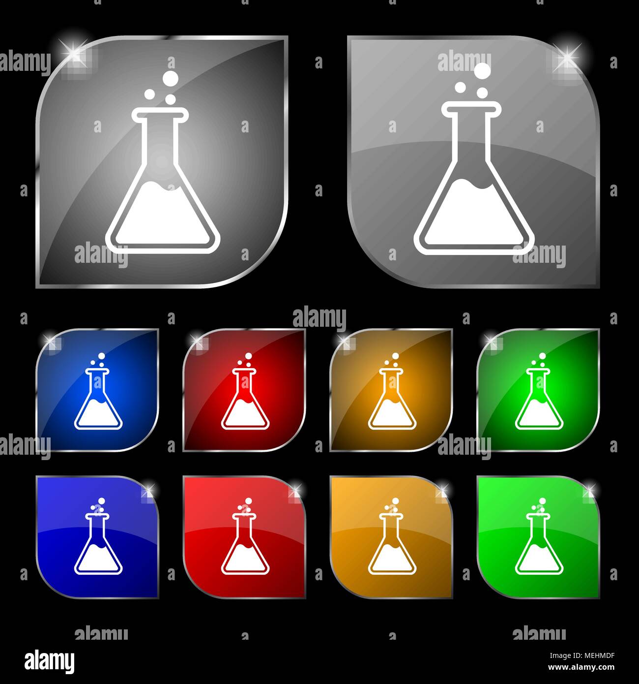 Flask icon sign. Set of ten colorful buttons with glare. Vector