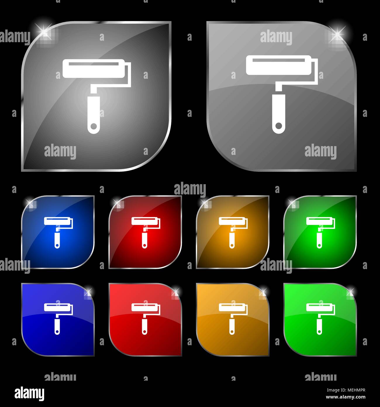 Paint roller icon sign. Set of ten colorful buttons with glare. Vector ...