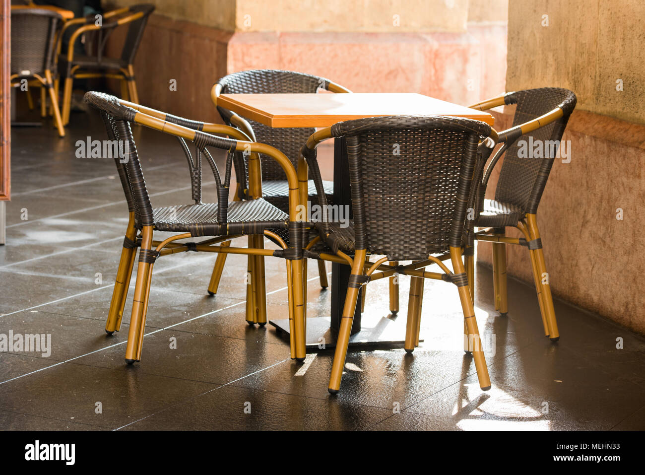 outdoor wicker furniture in cafes Stock Photo Alamy