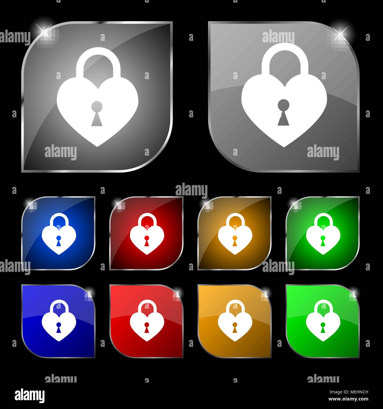 Lock in the shape of heart icon sign. Set of ten colorful buttons with ...