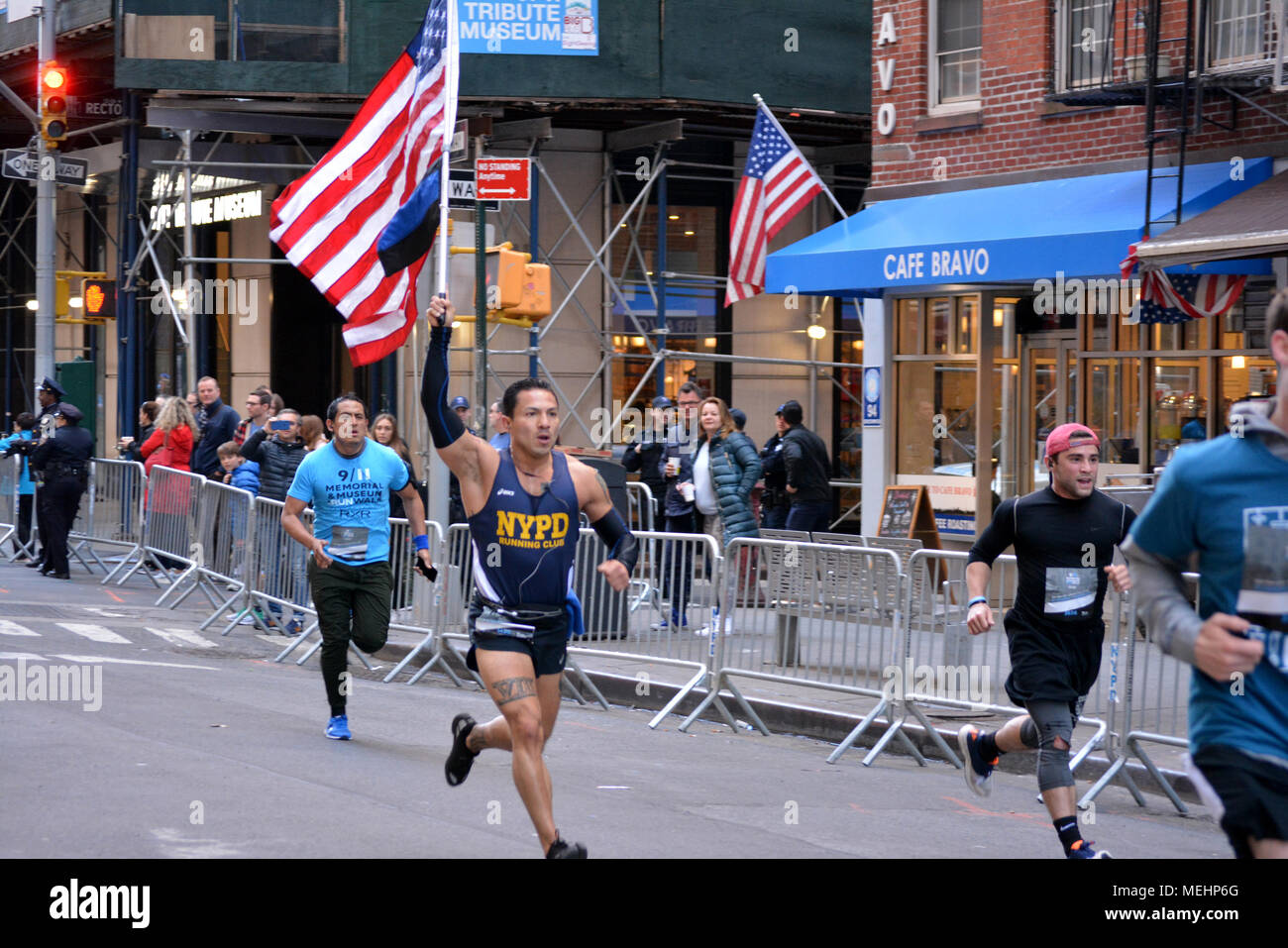 New York, USA, 22 April 2018. People running in the annual 9/11 Memorial Run/Walk near Ground Zero in Lower Manhattan. Credit: Christopher Penler/Alamy Live News Stock Photo