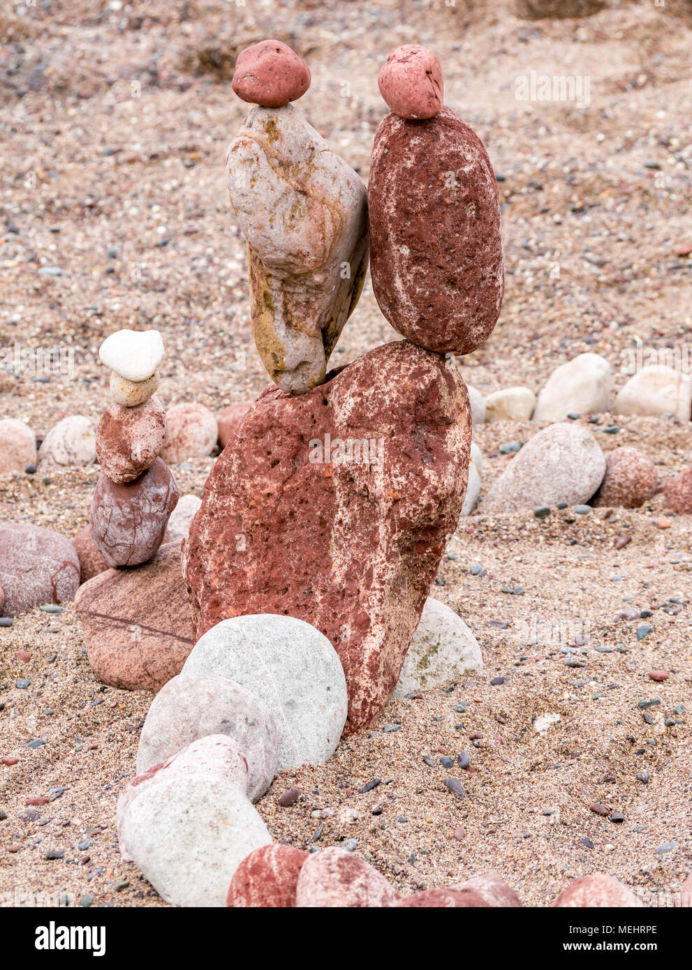Dunbar, Scotland, 22 April 2018. Eye Cave Beach, Dunbar, East Lothian, Scotland, United Kingdom. The Second European stone stacking championship, organised by Dunbar Street Art Trail. The final competition was to create the most artistic stone balance. Stone balanced work of art Stock Photo