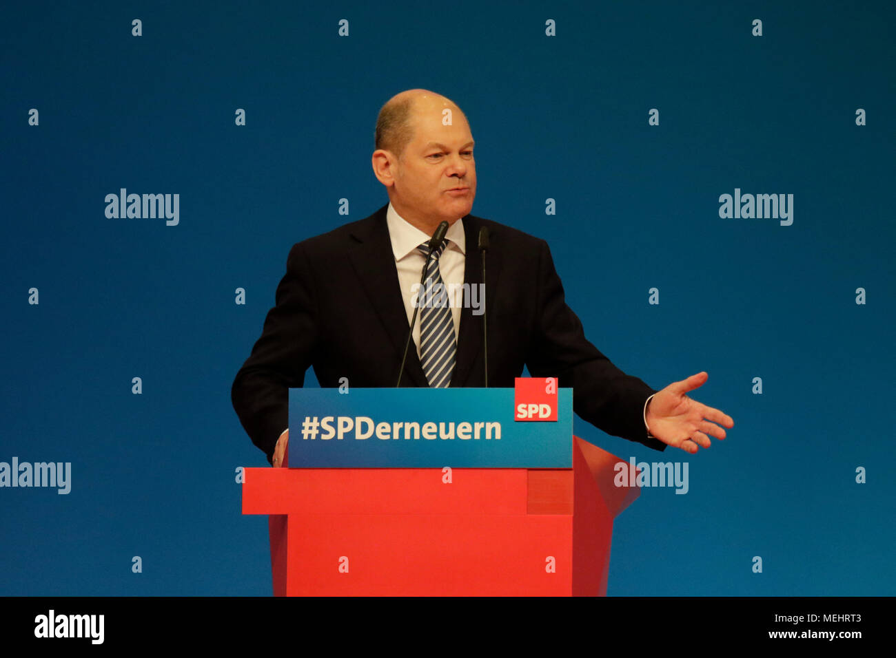 Wiesbaden, Germany. 22nd April 2018. Olaf Scholz, the German Federal Minister of Finance and Vice-Chancellor as well as the acting chairman of the SPD, addresses the party convention. Andrea Nahles, the leader of the parliamentary party of the SPD in the Bundestag (German Parliament) has been elected as the new chairwoman of the SPD (Social Democratic Party of Germany). Credit: Michael Debets/Alamy Live News Credit: Michael Debets/Alamy Live News Stock Photo