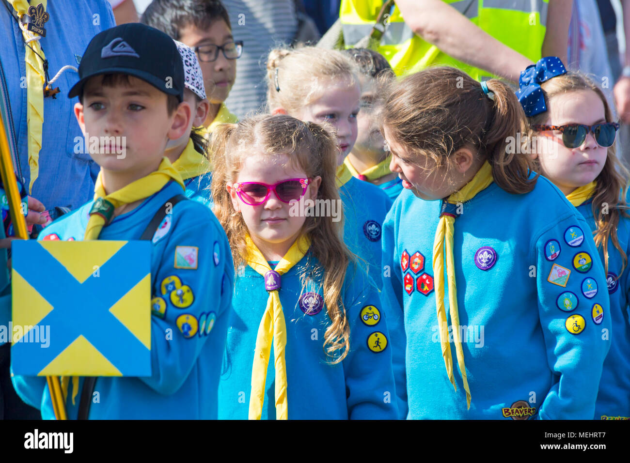 Bournemouth, Dorset, UK 22nd April 2018. Warm sunny weather as hundreds turn out to support the St George's Day scouts parade in Bournemouth. Youngsters boys and girls scouts cubs beavers celebrate Saint Georges day taking part in the procession. Credit: Carolyn Jenkins/Alamy Live News Stock Photo