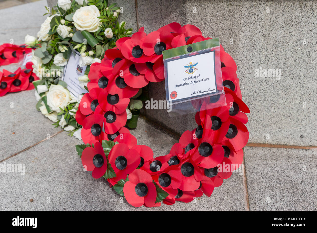 Wreaths that have been laid in Soldier's Corner to commemorate the anniversary of ANZAC day - Warrington, UK, 22 April 2018. The Anniversary of ANZAC Day has been commemorated on Sunday 22 April 2018 within Soldiers' Corner of Warrington Cemetery when the Deputy Mayor, Cllr Karen Mundry, Cadets from the Queen's Lancashire Regiment, Warrington Sea Cadets and many veterans were in attendance Credit: John Hopkins/Alamy Live News Stock Photo
