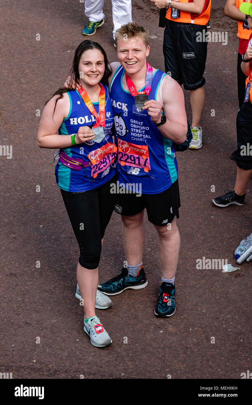 London 22nd April 2018  Jack and Holly Ramsey, two of Gordon Ramsey's children, show their London Marathon medals  Credit Ian Davidson/Alamy Live News Stock Photo