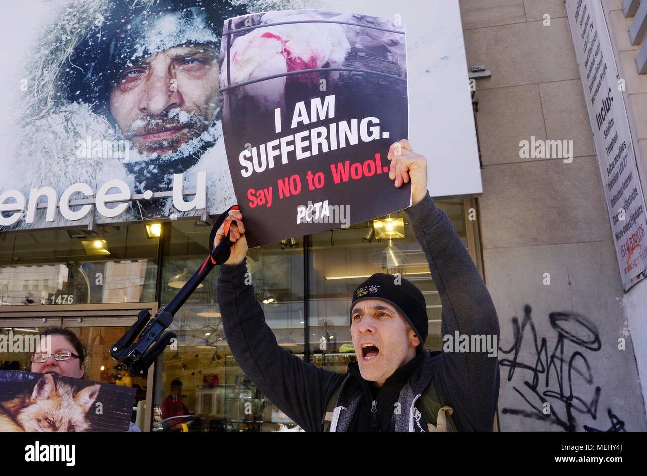 Montreal,Canada,April 22,2018.Animal rights activists protesting against the Canada Goose company for using fur and goose down in their winter jackets.Credit:Mario Beauregard/Alamy Live News Stock Photo
