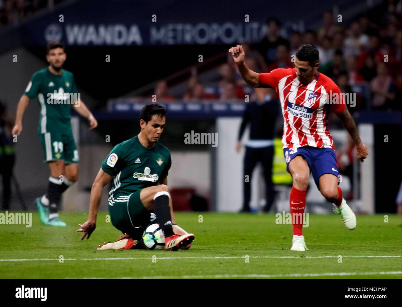 Vitolo of Atletico de Madrid and  Aissa Mandi of Real Betis  during the LaLiga 2017/18 match between Atletico de Madrid and Real Betis, at Wanda Metropolitano Stadium in Madrid on April 22, 2018. (Photo by Guille Martinez/Cordon Press)  Cordon Press Stock Photo
