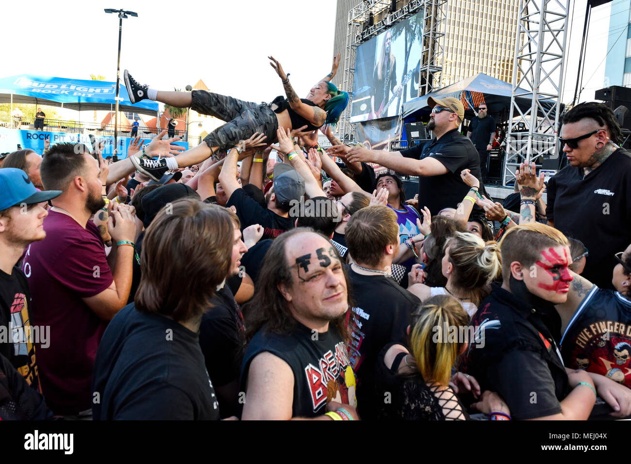 Las Vegas Nevada, USA. April 21, 2018  Crowd surfing on day 2 of the second annual Las Rageous heavy metal music festival held at the Downtown Las Vegas Events Center. Credit: Ken Howard/Alamy Live News Stock Photo