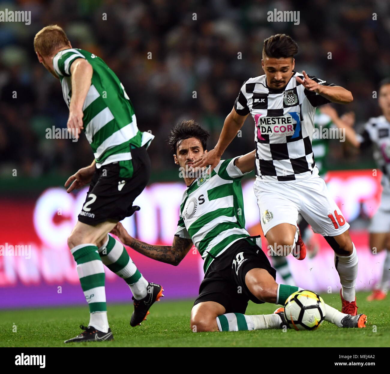 Lisbon Portugal 22nd Apr 2018 Bryan Ruiz C Of Sporting Vies With Rochinha Of Boavista During Portuguese League Soccer Match Between Sporting Cp And Boavista Fc In Lisbon Portugal On April 22